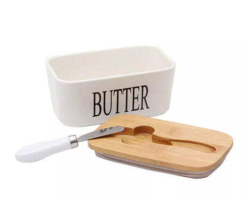 Ceramic Butter Box with Wooden Lid and Knife