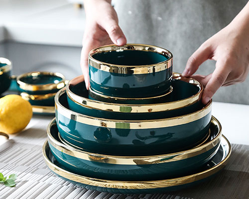 Green Ceramic Plates And Bowls Sets