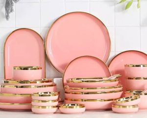 Pink Ceramic Plates And Bowls Sets