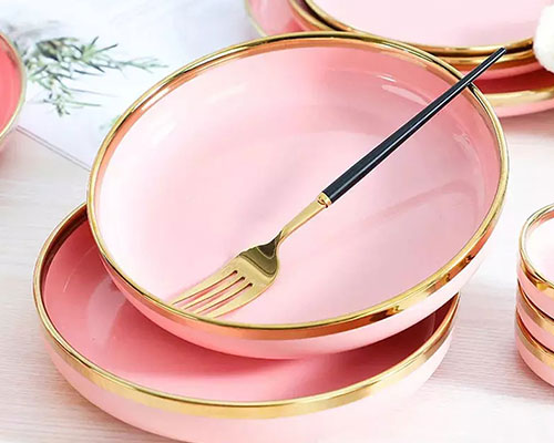 Pink Ceramic Plates And Bowls Sets