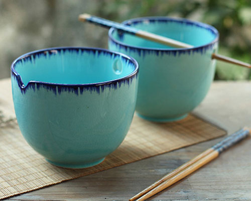 Green Ceramic Bowls with Chopsticks