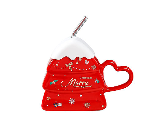 Christmas Tree Red Ceramic Cup With Straw