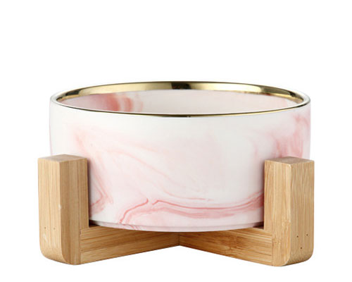 Pink Marble Ceramic Bowl with Wood Stand