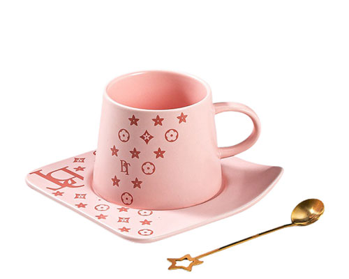 Pink Ceramic Coffee Mug With Spoon