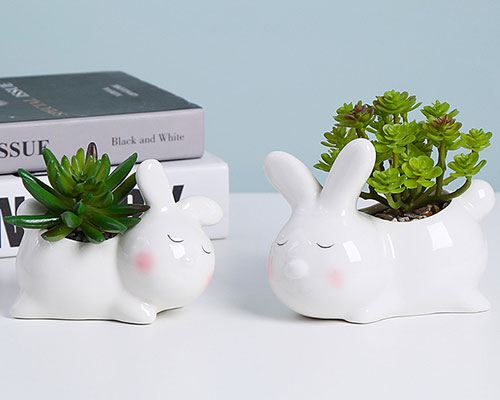 White Ceramic Rabbit Planters