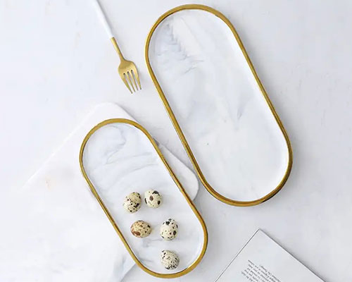 Marble Ceramic Tray with Gold Rim