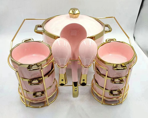 Pink Ceramic Soup Pot and Bowls With Handles