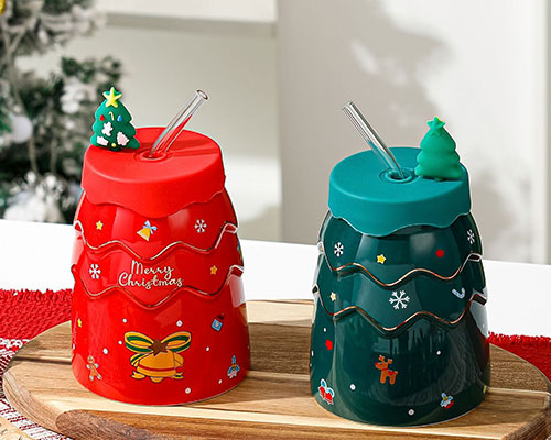 Christmas Ceramic Mugs with Straw