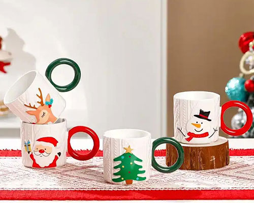 Embossed Christmas Ceramic Mugs with Handles